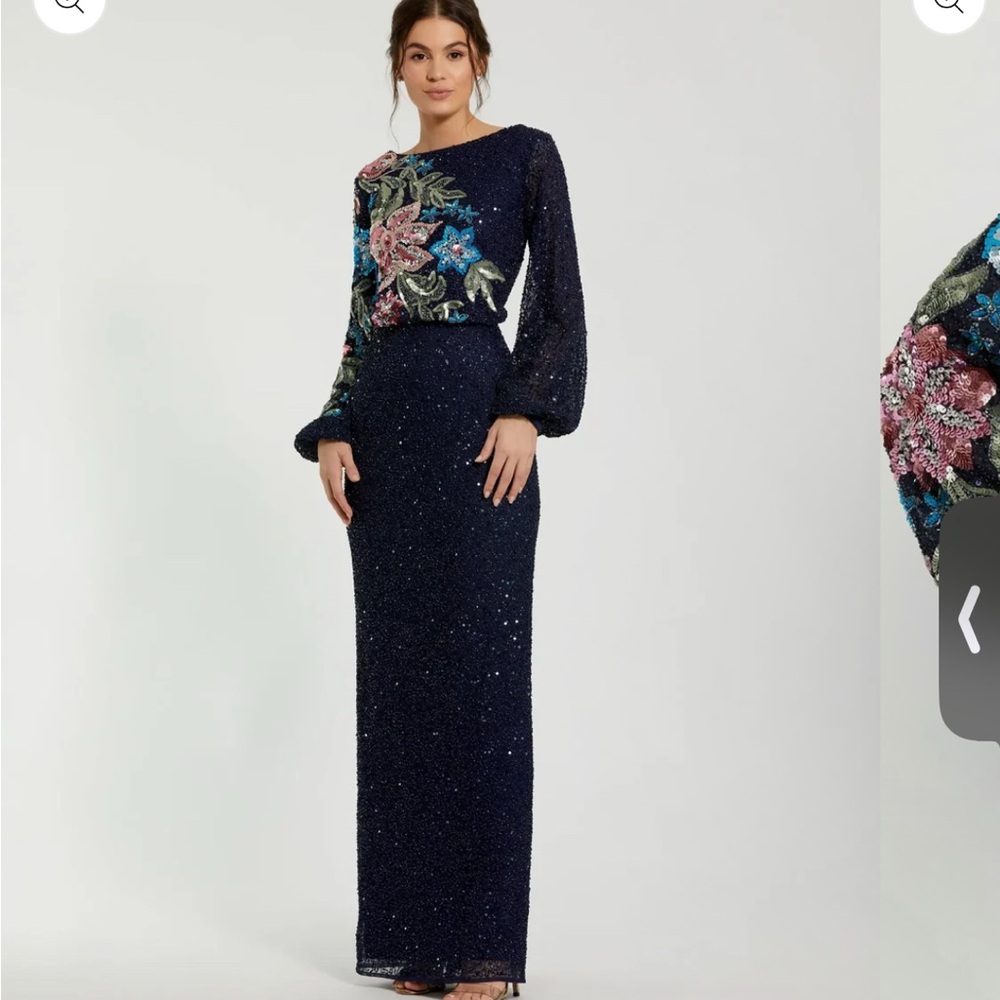 Mac Duggal Blue and Green Embellished Long Sleeve Gown